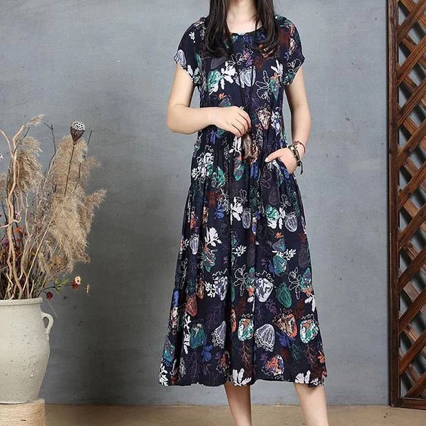 Blue Floral Casual Cotton Sundress Oversize Slim Women Dresses O Neck Maxi Dress Trendy Printed Maxi Dress