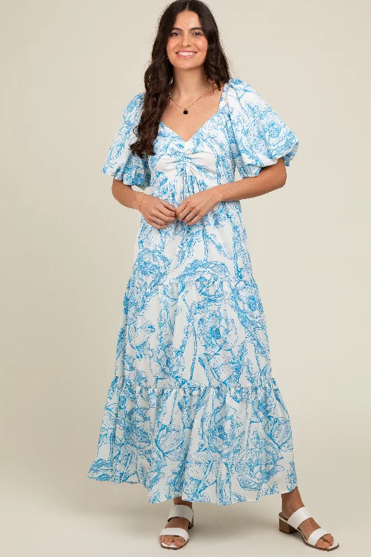 Blue Floral Cinched Tie Maxi Dress Trendy Fit-and-Flare Maxi Dress