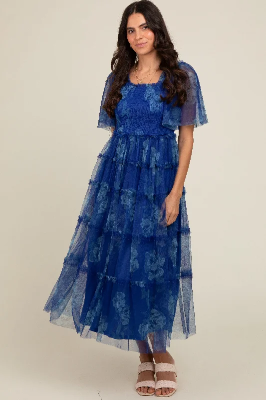 Blue Floral Smocked Tulle Maxi Dress Cozy Wrap Maxi Dress