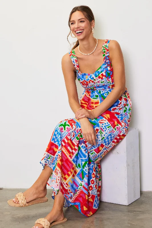 Blue Multi-Color Abstract Print Tiered Maxi Dress Elegant Pleated Maxi Dress