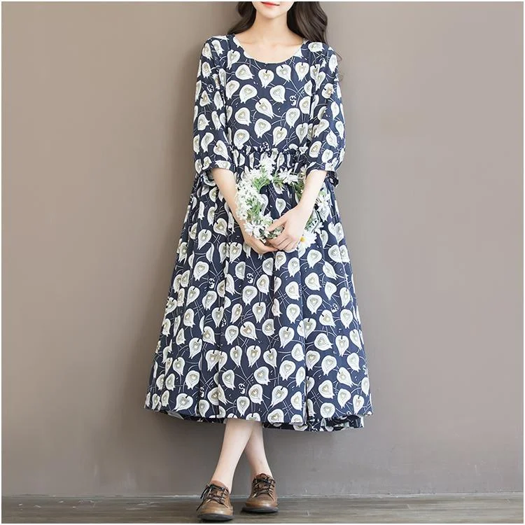 Blue print floral chiffon maxi dress oversize sundress summer half sleeve dress Stylish Button-Up Maxi Dress