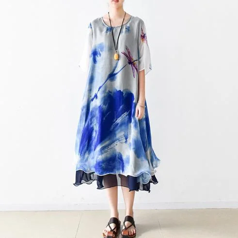 blue print summer maxi dress oversize chiffon sundress casual short sleeve holiday dresses Cozy Ribbed Maxi Dress