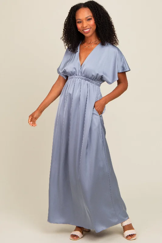 Blue Satin V-Neck Flutter Short Sleeve Maxi Dress Fashionable Printed Maxi Dress