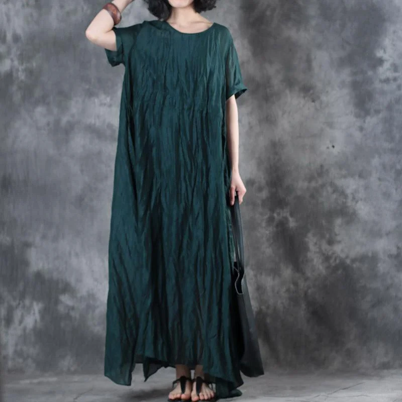 boutique blackish green linen maxi dress plus size clothing side open silk gown 2018 short sleeve caftans Elegant Pleated Maxi Dress