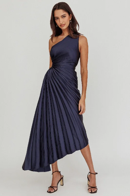 Brooklynn One-Shoulder Accordion Pleat Midi Dress Navy Elegant Faux Wrap Midi Dress