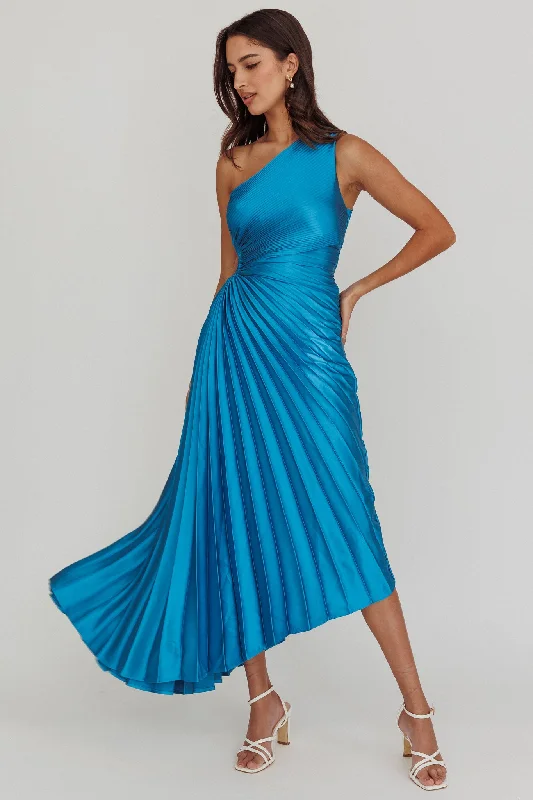 Brooklynn One-Shoulder Accordion Pleat Satin Midi Dress Teal Fashionable Wide Leg Midi Dress