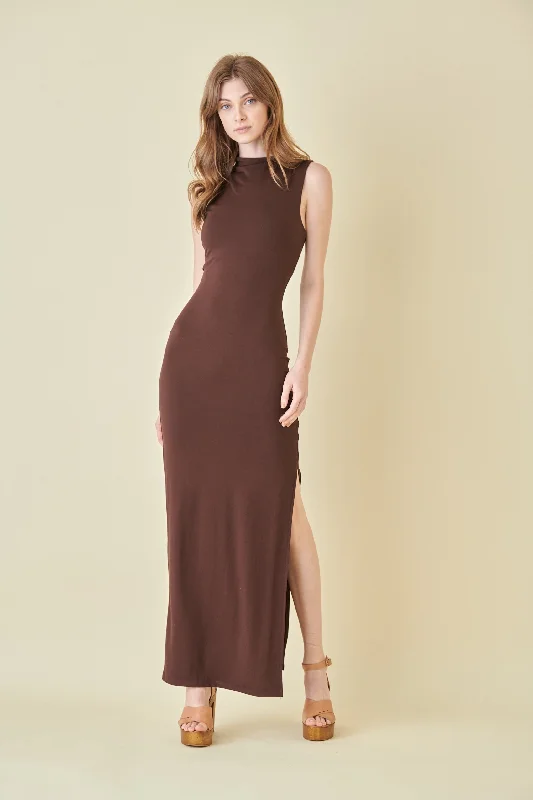 Brown Asymmetrical Neck Side Slit Maxi Dress Classic Solid Maxi Dress