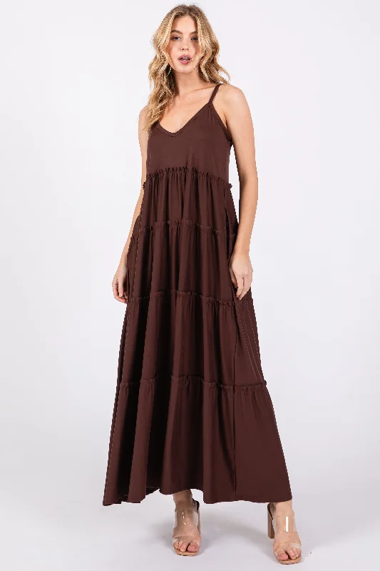 Brown Tiered Sleeveless Maxi Dress Chic Off-Shoulder Maxi Dress