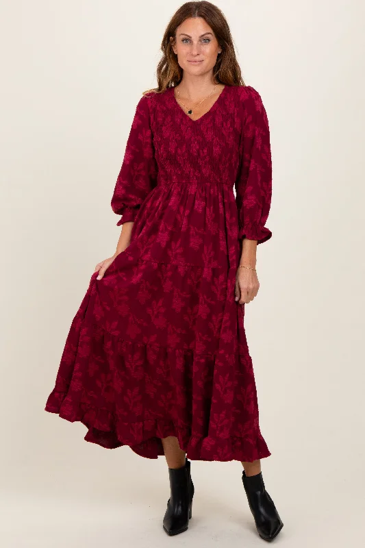 Burgundy Floral Smocked V-Neck Maxi Dress Elegant Wraparound Maxi Dress