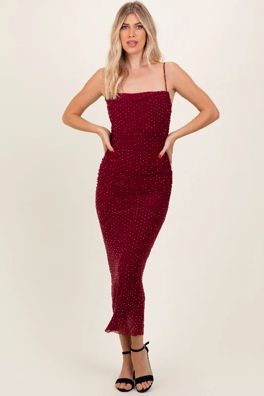 Burgundy Rhinestone Fitted Ruched Maxi Dress Elegant Boho Maxi Dress