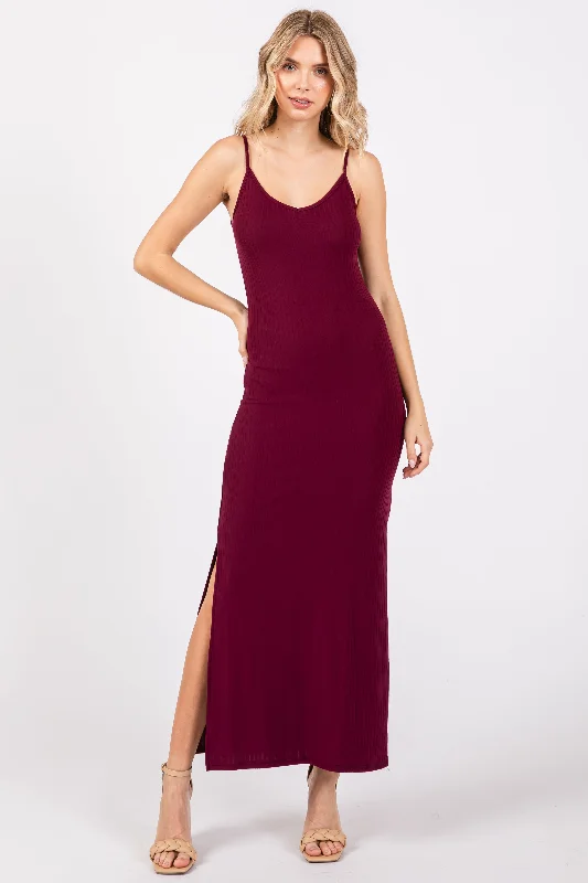 Burgundy Ribbed Side Slit Maxi Dress Comfortable Maxi Dress with Slits