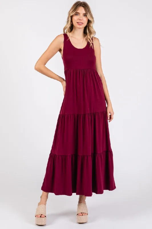 Burgundy Sleeveless Scoop Back Tiered Maxi Dress Fashionable Button-Down Maxi Dress