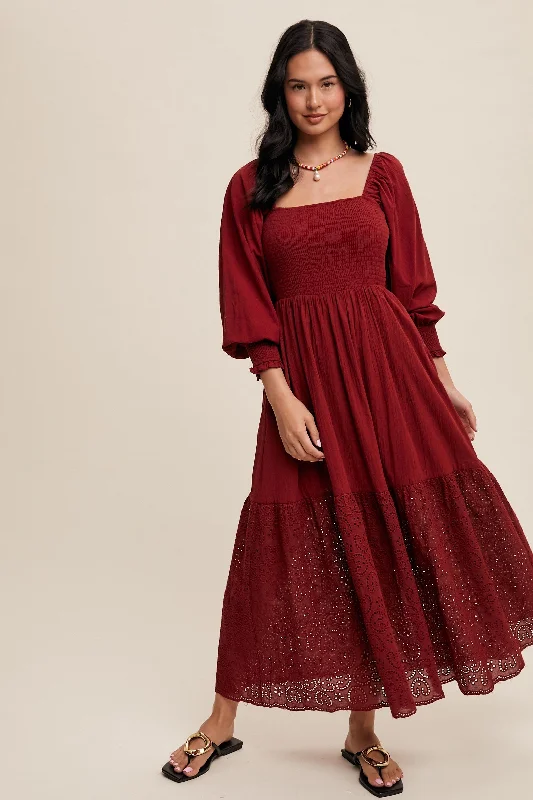 Burgundy Smocked Eyelet Lace Hem Maxi Dress Elegant Lace-Up Maxi Dress