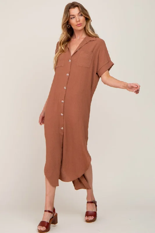 Camel Button Down Hi Low Maxi Dress Cozy Spaghetti Strap Maxi Dress