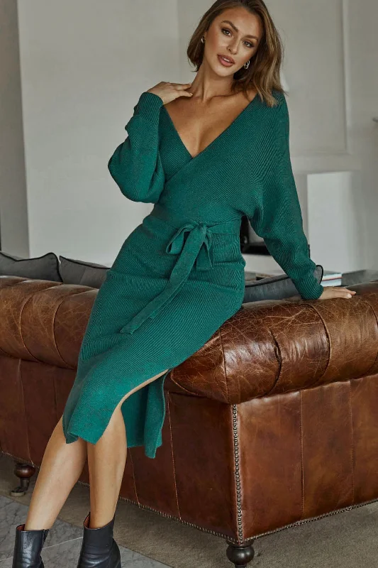 Cameo Batwing Knit Midi Dress Forest Green Stylish Pleated Skirt Midi Dress