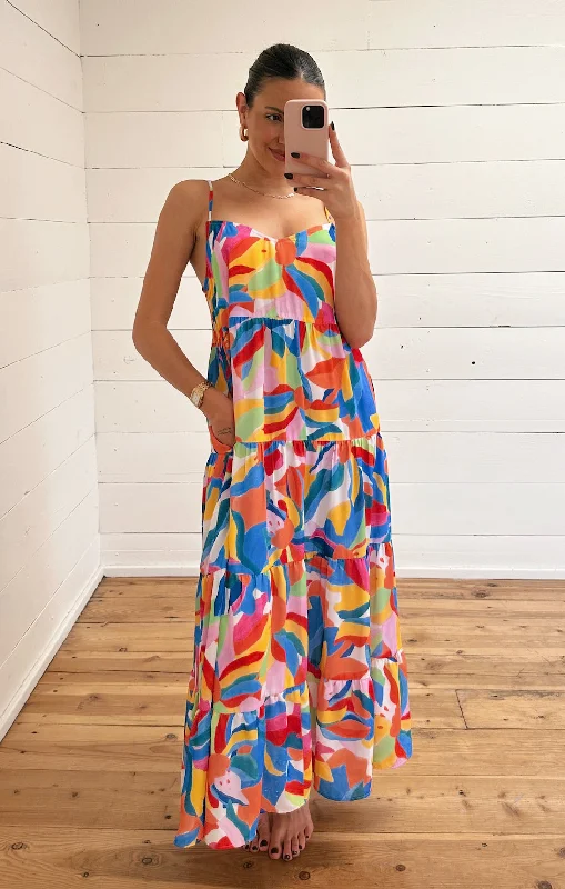 Caroline Maxi Dress ~ Rainbow Pop Elegant Pleated Maxi Dress