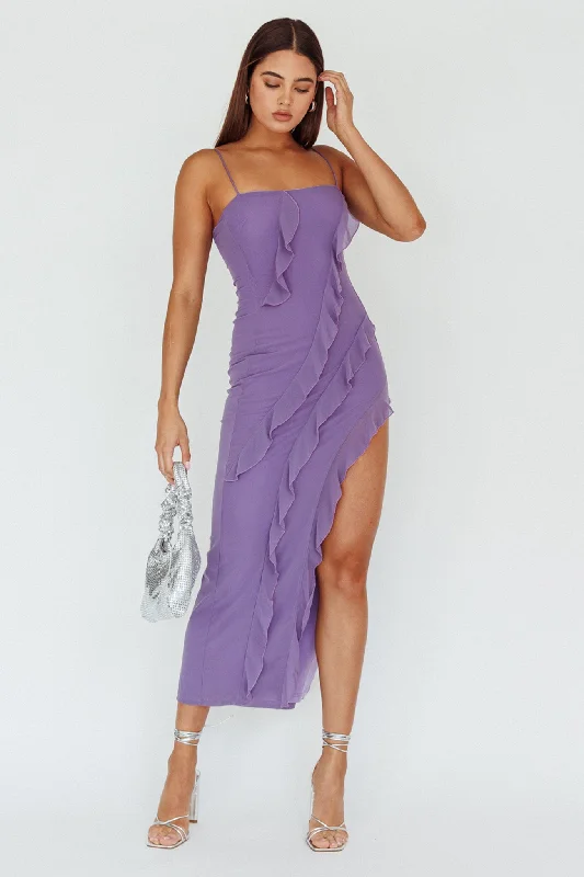 Catriona Split Ruffle Midi Dress Mauve Comfortable Short Sleeve Midi Dress