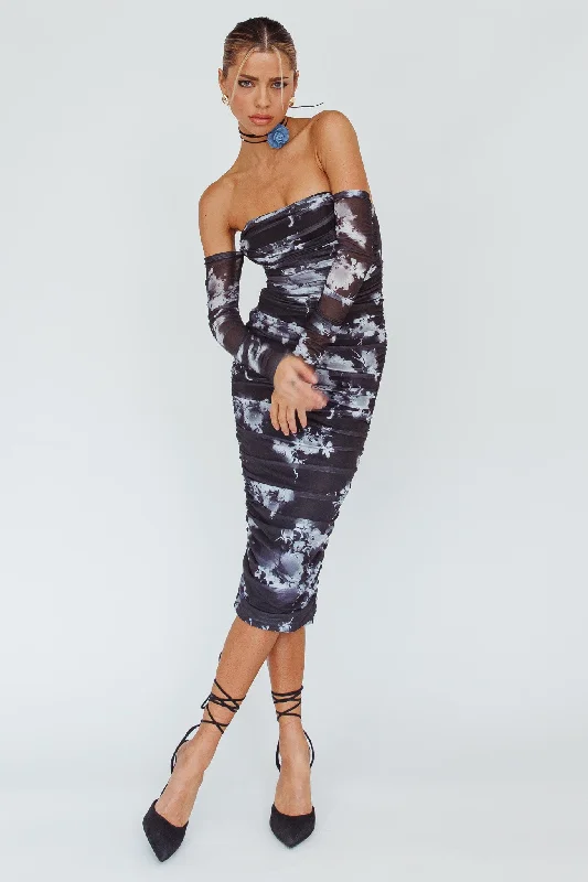 Cece Off-Shoulder Midi Dress Floral Black Comfortable Wrap Midi Dress