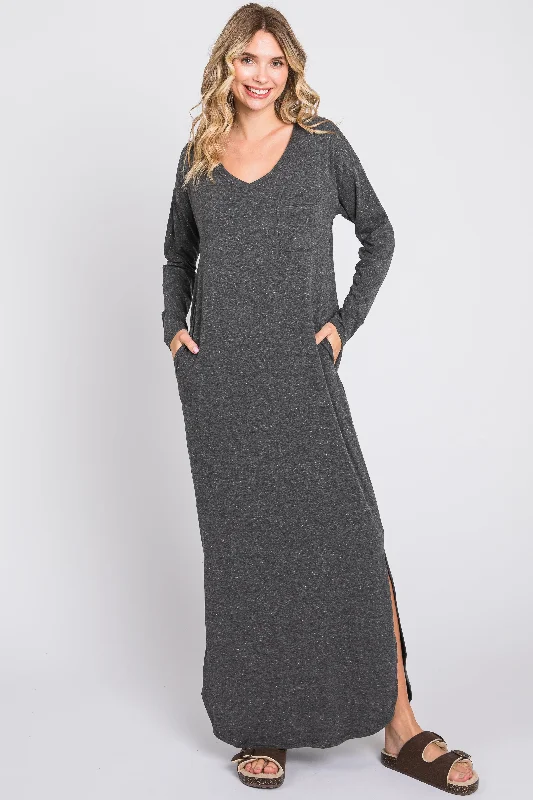 Charcoal Heathered Pocketed Long Sleeve Maxi Dress Stylish Empire Waist Maxi Dress