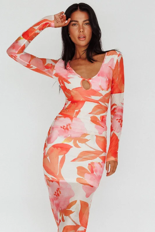 Chardae Long Sleeve Mesh Midi Dress Floral Pink Stylish Vintage Midi Dress