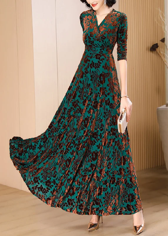 Classy Blackish Green V Neck Print Slim Velour Maxi Dresses Spring Trendy Off-Shoulder Ruffle Maxi Dress