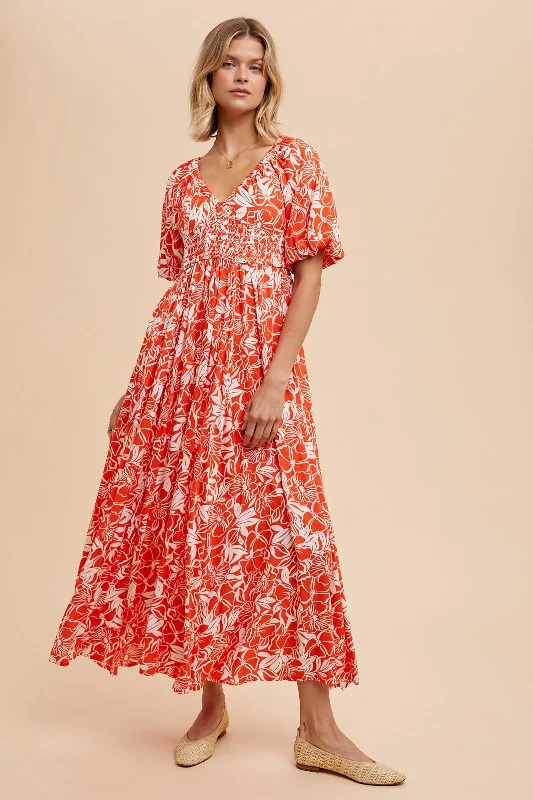 Coral Red Resort Print Puff Sleeve Maxi Dress Cozy Maxi Dress with Slit