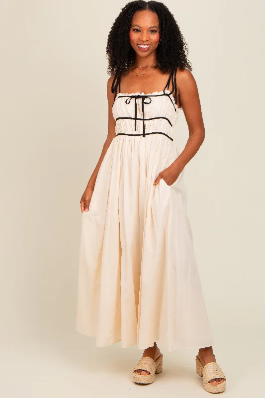 Cream Contrast Ribbon Trim Maxi Dress Trendy V-Neck Maxi Dress