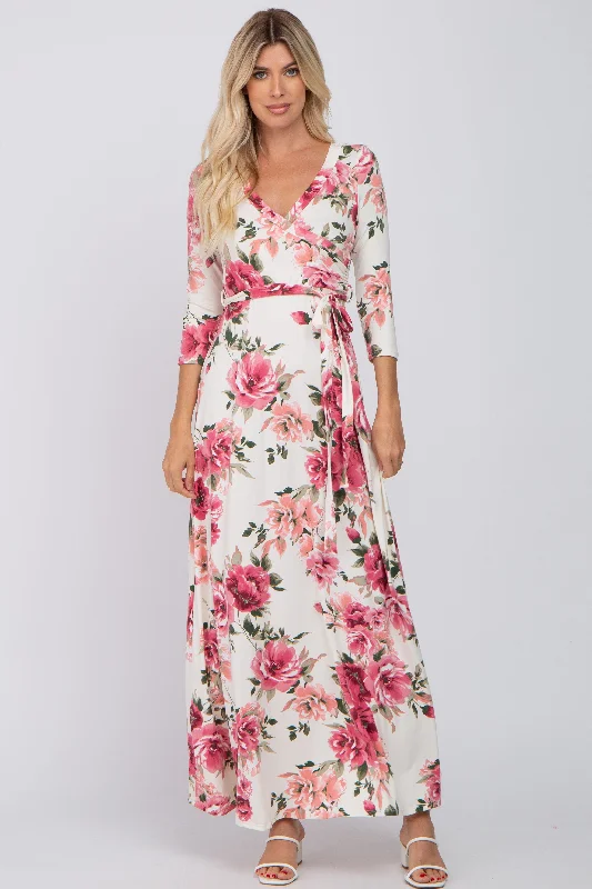 Cream Floral Wrap Maxi Dress Elegant Maxi Dress with Slit