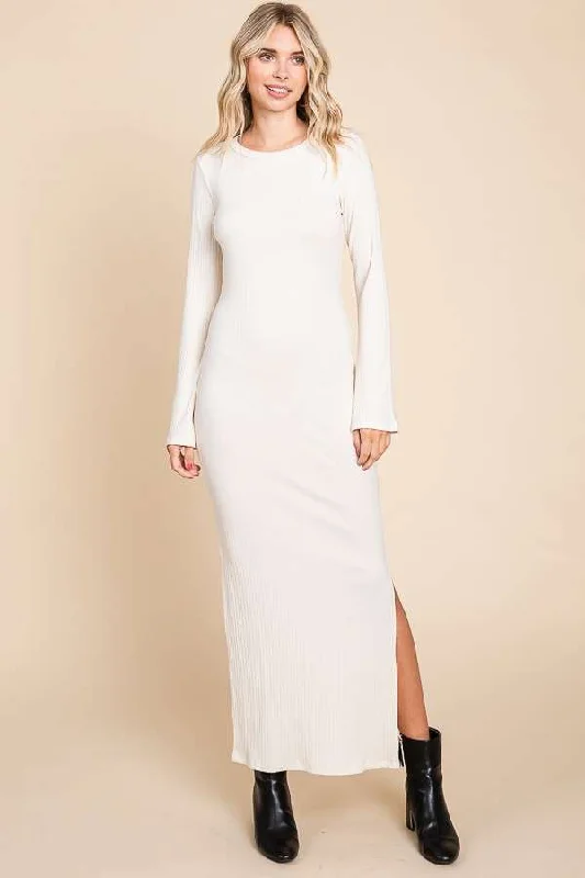 Cream Ribbed Side Slit Maxi Dress Elegant Sleeveless Maxi Dress