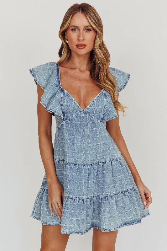 Daffodil Ruffle A-Line Mini Dress Light Blue Classic Floral Mini Dress