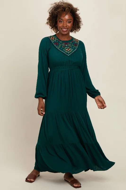 Dark Teal Embroidered Tiered Maxi Dress Stylish Pleated A-Line Maxi Dress