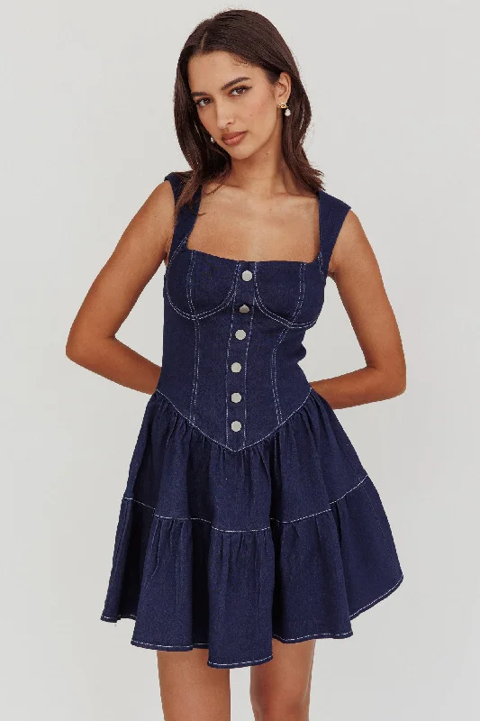 Deep Dive Square Neck Mini Dress Indigo Cozy A-Line Mini Dress