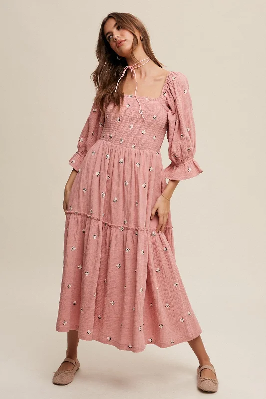 Deep Rose Ditzy Floral Embroidery Puff Sleeve Maxi Dress Trendy Maxi Dress with Belt