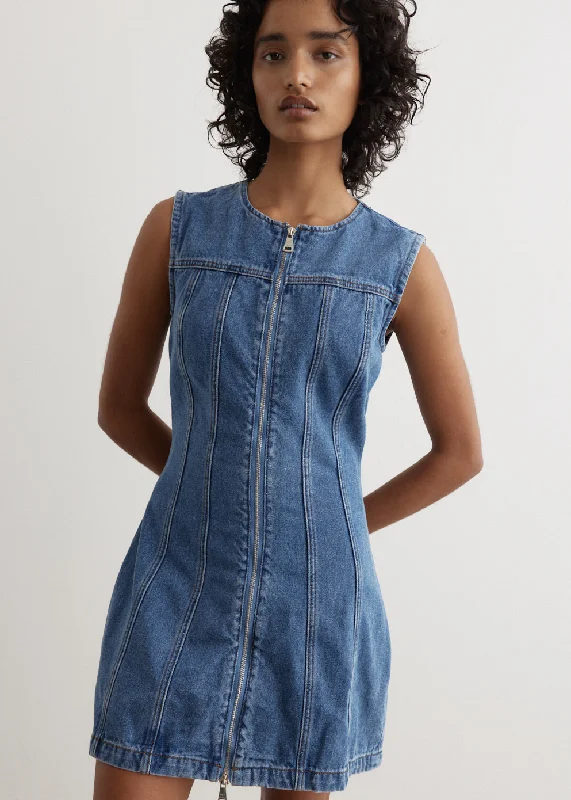 Denim Panel Sleeveless Mini Dress Comfortable Linen Mini Dress