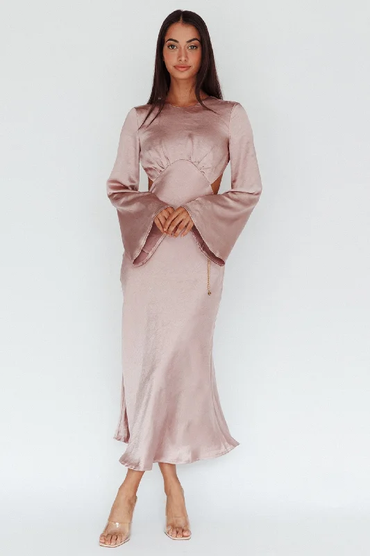 Doting Bell Sleeve Cut-Out Midi Dress Wood Rose Fashionable High-Neck Midi Dress