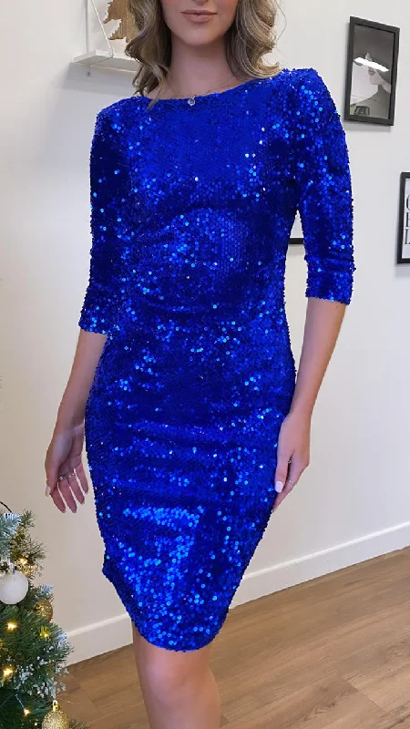 Marley Blue Sequin Long Sleeve Midi Dress Comfortable Fit-and-Flare Midi Dress