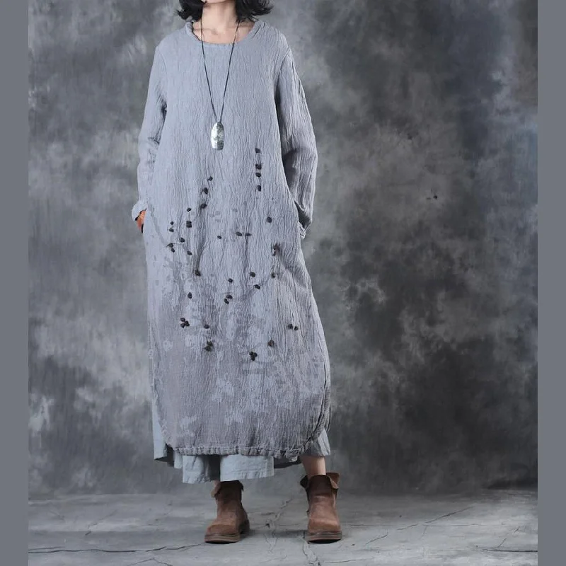 Elegant gray prints linen maxi dress casual o neck linen clothing dresses women side open caftans Classic Strapless Maxi Dress