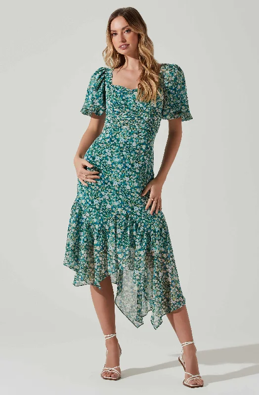 Floral Short Sleeve Asymmetrical Hem Midi Dress Comfortable Casual Midi Dress