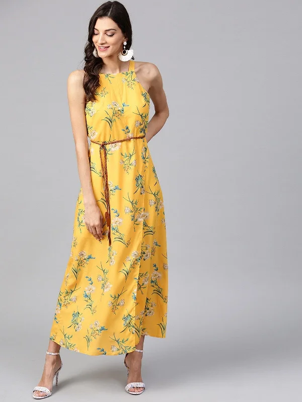 Women's Floral Strappy In-cut Maxi Dress With Belt - Pannkh Cozy Wrap Maxi Dress