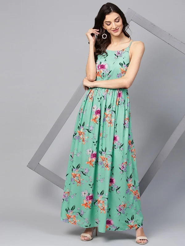 Women's Floral Strappy Maxi Dress - Pannkh Elegant Silk Maxi Dress