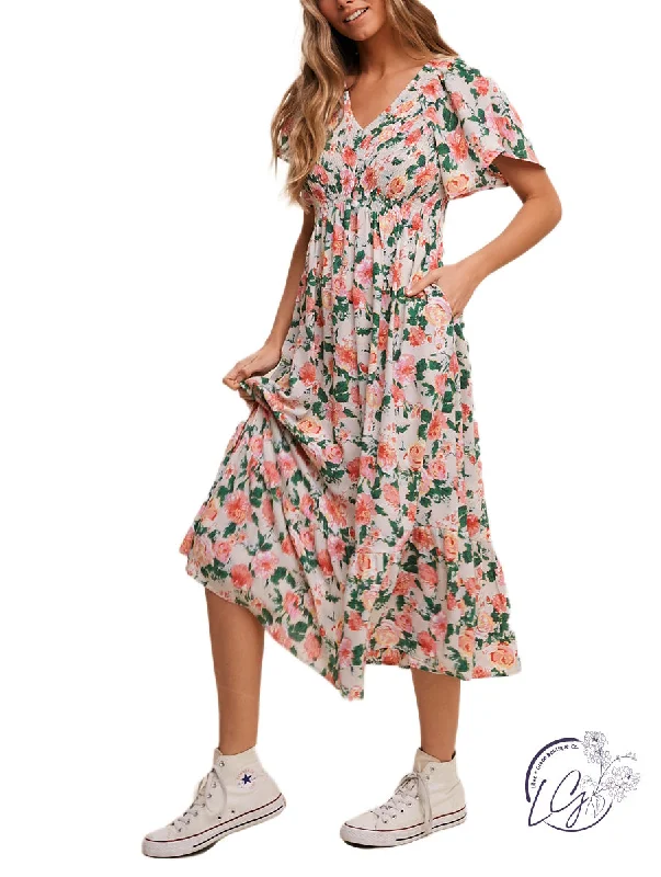 Garden Of Flowers Midi Dress Fashionable Pleated Midi Dress