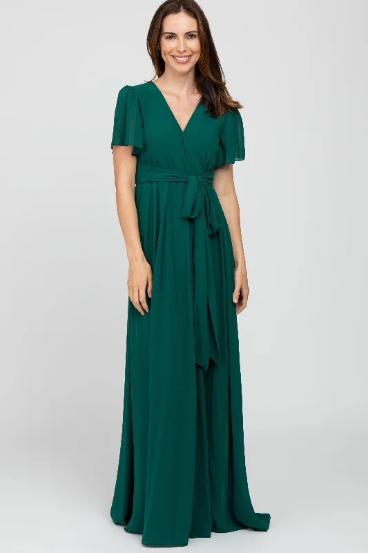 Forest Green Chiffon Short Sleeve Maxi Dress Cozy Cold-Shoulder Maxi Dress