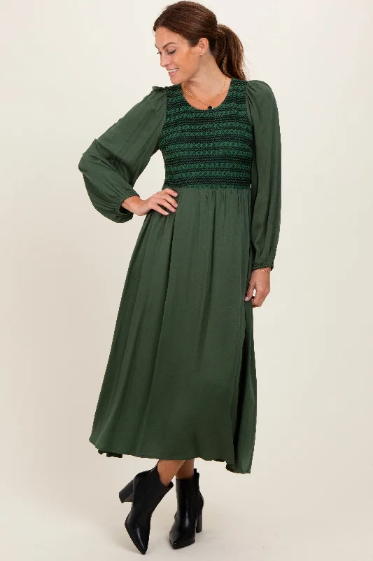 Forest Green Contrast Knit Bodice Maxi Dress Elegant Maxi Dress with Ruffles