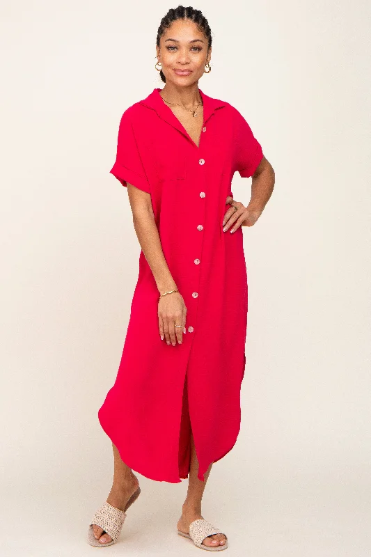 Fuchsia Button Down Hi Low Maxi Dress Trendy Maxi Dress with Lace