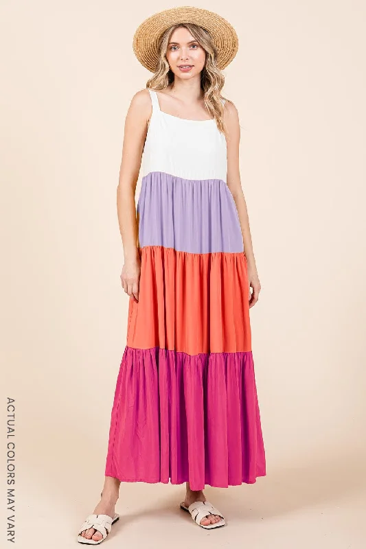 Fuchsia Tiered Colorblock Maxi Dress Comfortable Flowy Maxi Dress