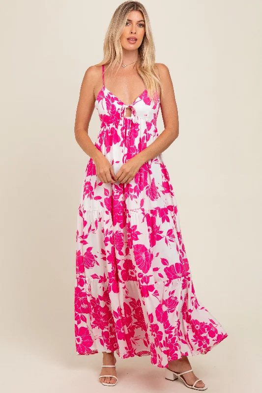 Fuchsia Tropical Floral Open Back Maxi Dress Comfortable Fit-and-Flare Maxi Dress