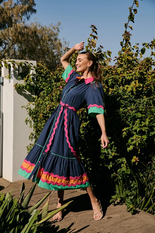 Ginette Midi Dress in Tulum Navy Fashionable Floral Embroidery Midi Dress