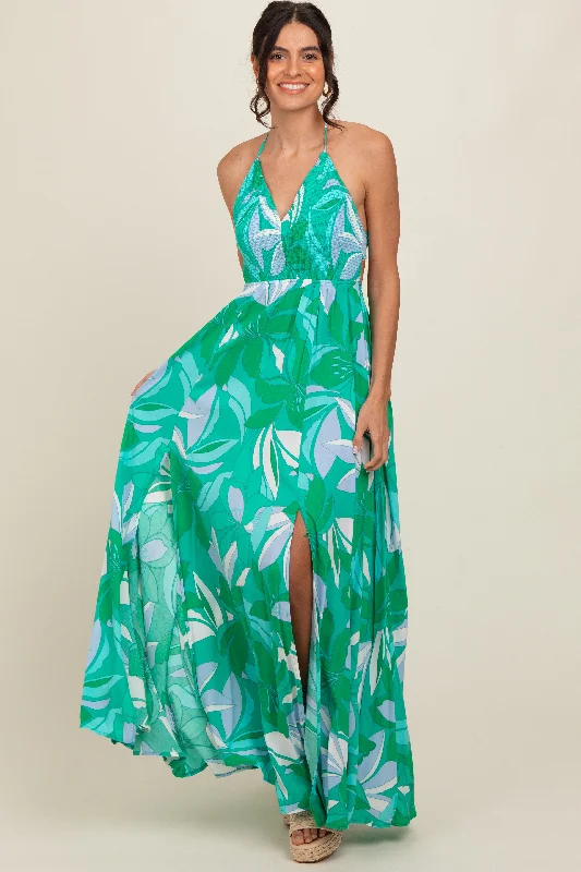 Green Floral Smocked Halter Open Back Maxi Dress Elegant Maxi Dress with Ruffles