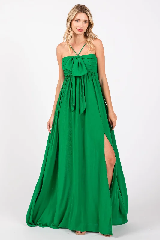 Green Pleated Front Tie Side Slit Maxi Dress Fashionable Faux Wrap Maxi Dress