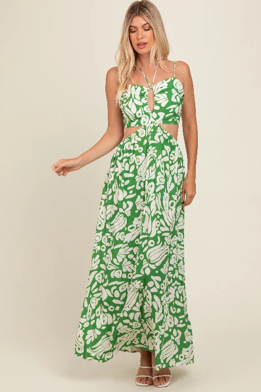 Green Printed Halter Cut-Out Maxi Dress Comfortable Plunging Neckline Maxi Dress